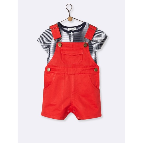 Baby's short dungarees and t- shirt outfit - blue/white stripe & red